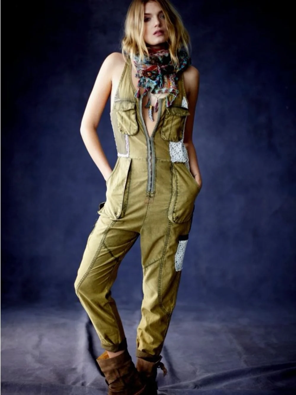 Free People 2013 Tencel Utility Ginger Jumpsuit Backless Zip Front Olive Green
